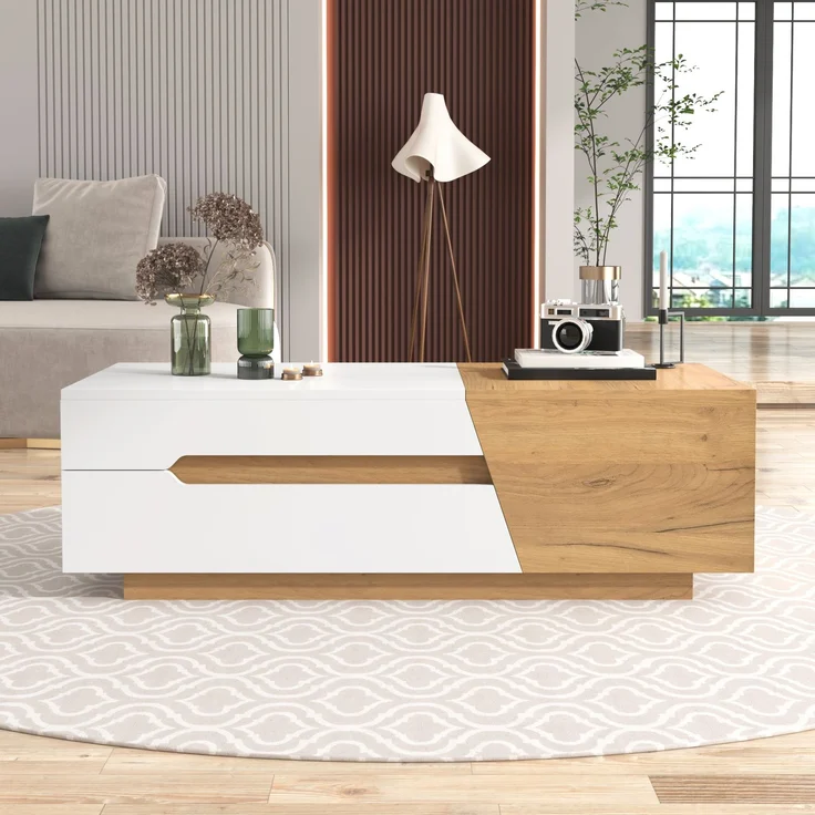 Couchtisch verschiebbar mit Stauraum 120x50 cm MDF Modern Wohnzimmer Tisch Weiß+Holzfarbe – Bild 7
