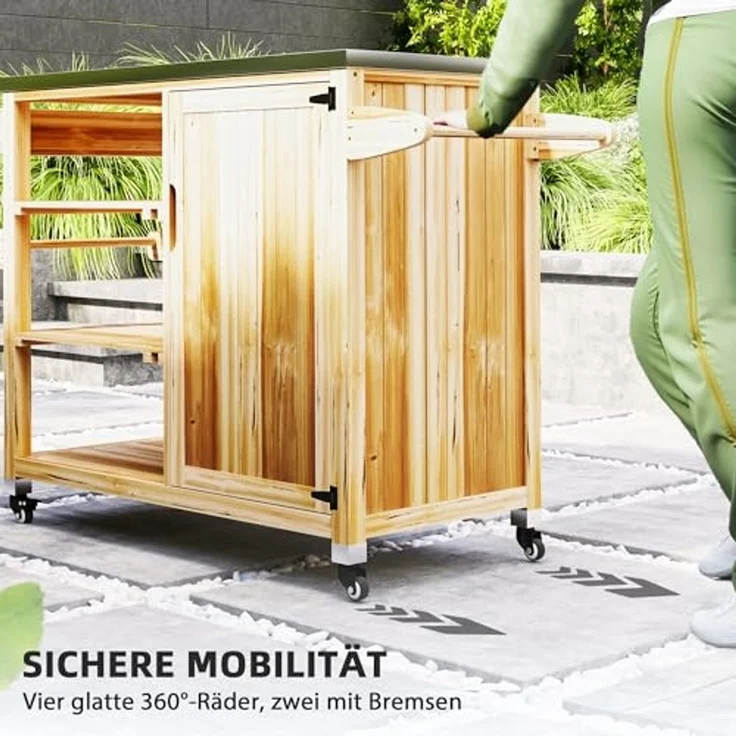 Outsunny Servierwagen 6-Etagen mit Arbeitsfläche Handtuchregal, aus Tannenholz, (BBQ Grilltisch, 1 St, Grillwagen), für Garten, Terrasse 134,5x50x91,5cm Naturholz – Bild 5