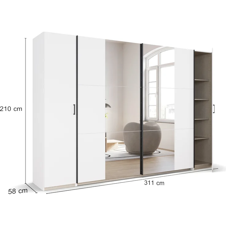 rauch Kleiderschrank, Dreh- und Schwebetürenschrank KRONACH, 4-türig, 2 Spiegeltüren teilaufgelegt, Alpinweiß, 311 x 210 x 59 cm – Bild 4