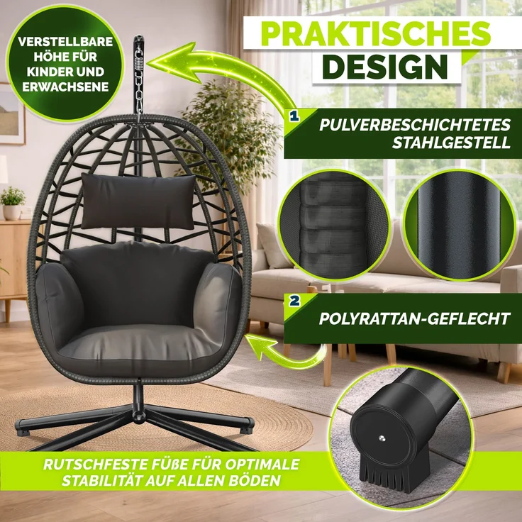 tillvex® Hängesessel mit Gestell Outdoor & wetterfester Abdeckung inkl. Befestigung | Hängekorb klappbar bis 150 kg | Hängesitz aus Rattan | Hängestuhl für Indoor Garten Balkon Terrasse – Bild 5