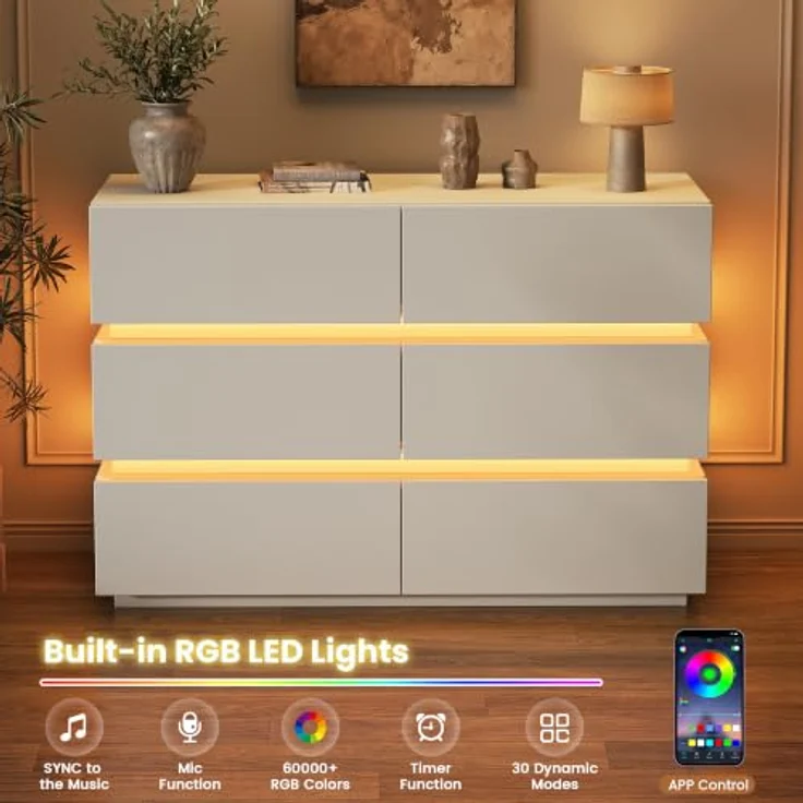 Jocoevol Kommode mit LED-Lichtstreifen, Schubladenschrank mit 6 Schubladen | Moderner Sideboards Wohnzimmer mit Kippsicherung, Verstellbare LED-Leuchten für Wohnzimmer Schlafzimmer, 120x78x38cm, Weiß – Bild 7