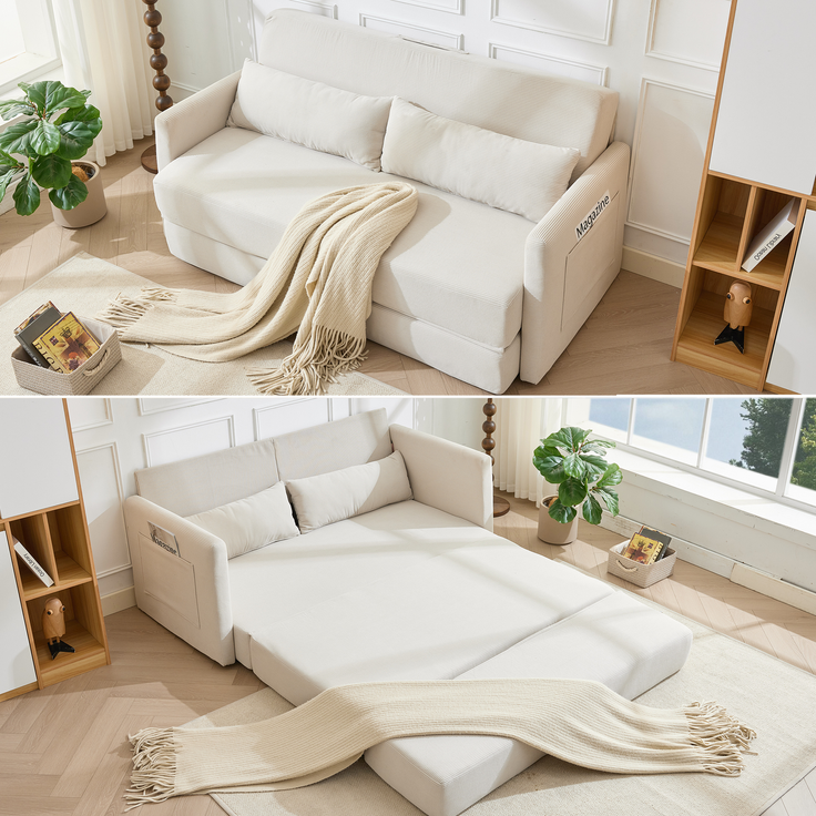 LVHOM Schlafsofa 2-Sitzer, Klappsofa mit Schlaffunktion, Bettsofa aus Cordstoff, Schlafcouch mit Kissen und Seitentaschen, 165x92x82 cm – Bild 3