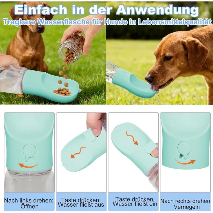 TUWENA Futternapf Trinkflasche Hunde für Unterwegs 330ml, Trinkfutterspender Haustiere, 2-in-1 mit Futterfach, doppelt leckdicht, kompakt, spülmaschinenfest – Bild 4