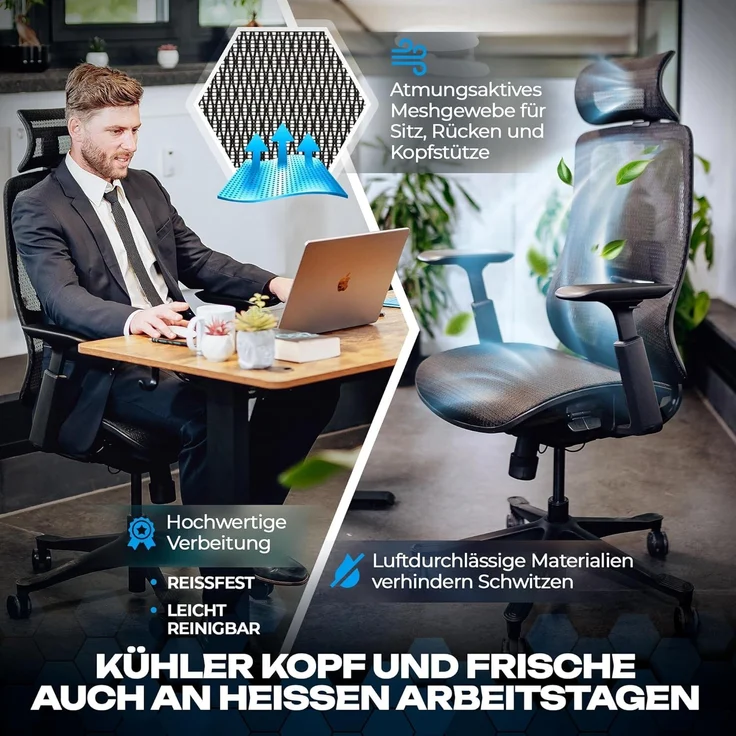 VALKENSTOL M5 MESH-SITZ Bürostuhl ergonomisch mit Mesh Sitz - 5 Jahre Garantie - 3D-Armlehnen - adaptive Lordosenstütze - verstellbare Sitztiefe – Bild 5