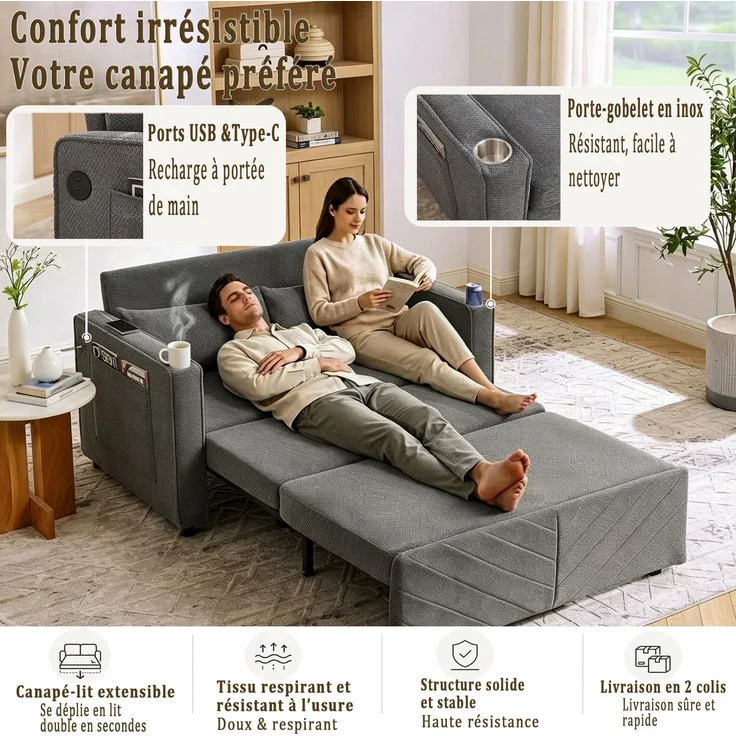 ZUBALIYA Sofa mit USB - Anschluss, für Wohnzimmer und Apartments, mit stabilem Untergestell, für den täglichen Gebrauch, Blau – Bild 7