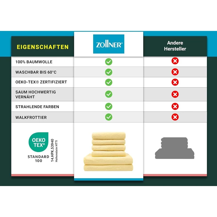 ZOLLNER 6-tlg. Handtuchset - 4 Handtücher, 2 Duschtücher, 100% Baumwolle, gelb – Bild 6