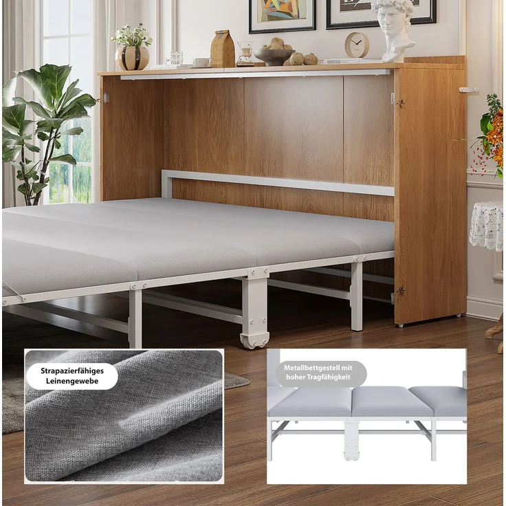 Klappbett 140x200 cm in Schrankoptik mit Leinenmatratze, Metallrahmen und Rollen – Bild 8