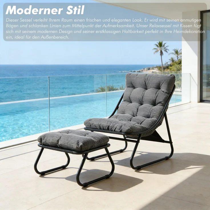 LVHOM Sessel mit Hocker, Gepolsterter Loungesessel aus Cord mit Metallgestell, ergonomischer Relaxsessel für Wohnzimmer und Schlafzimmer, Grau – Bild 7