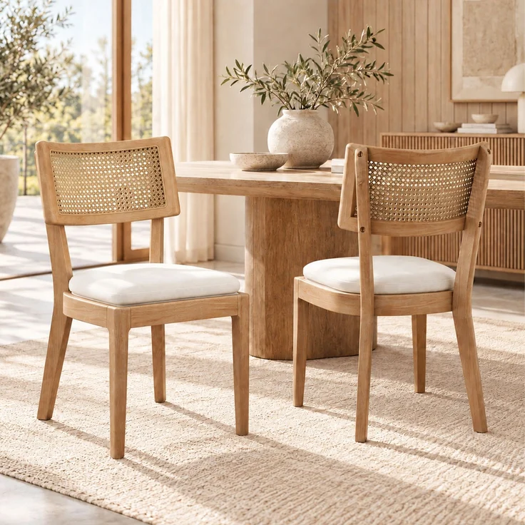 4 Esszimmerstühle aus Massivholz mit Rattan-Rückenlehnen, bequem und atmungsaktiv, geeignet für Esszimmer, Wohnzimmer, Cafés, moderner Stil, Leinen, Holzfarbe – Bild 2