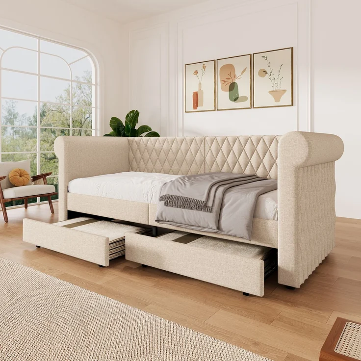 Schlafsofa aus Leinen mit 2 Schubladen & Lattenrost, 90x200 cm, Beige, ohne Matratze – Bild 3