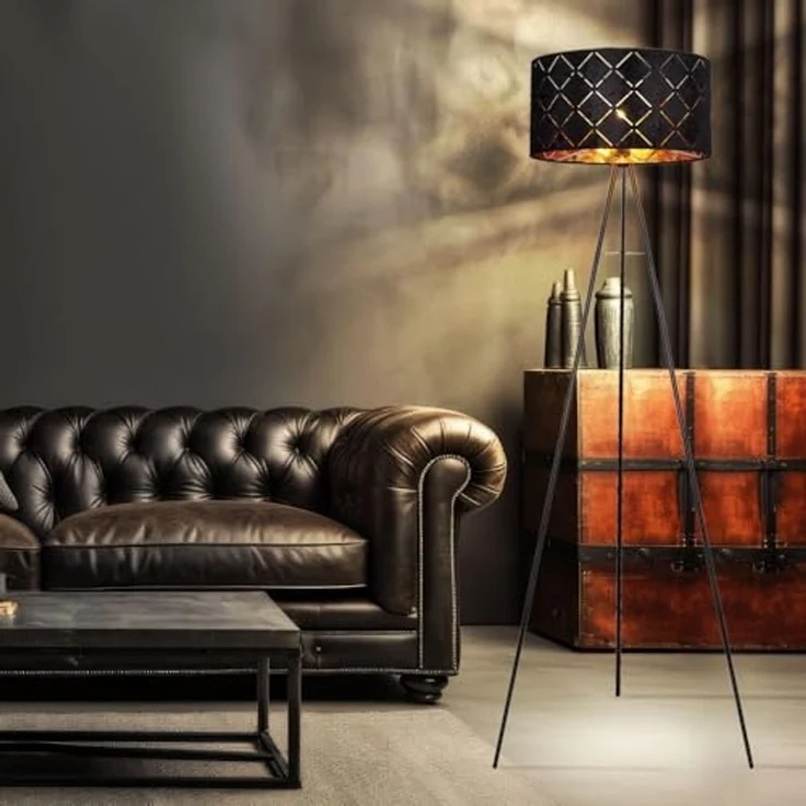 LED Stehleuchte, Textil, schwarz-gold, Stativ Gestell, H 149cm – Bild 3