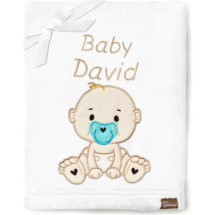 Be Mammy Personalisierte Babydecke mit 3D Applikation Warme Kuscheldecke mit Namen und Geburtsdatum; Perfektes Baby Geschenk; Blanket; Krabbeldecke BE20-280 (Weiß - Junge)