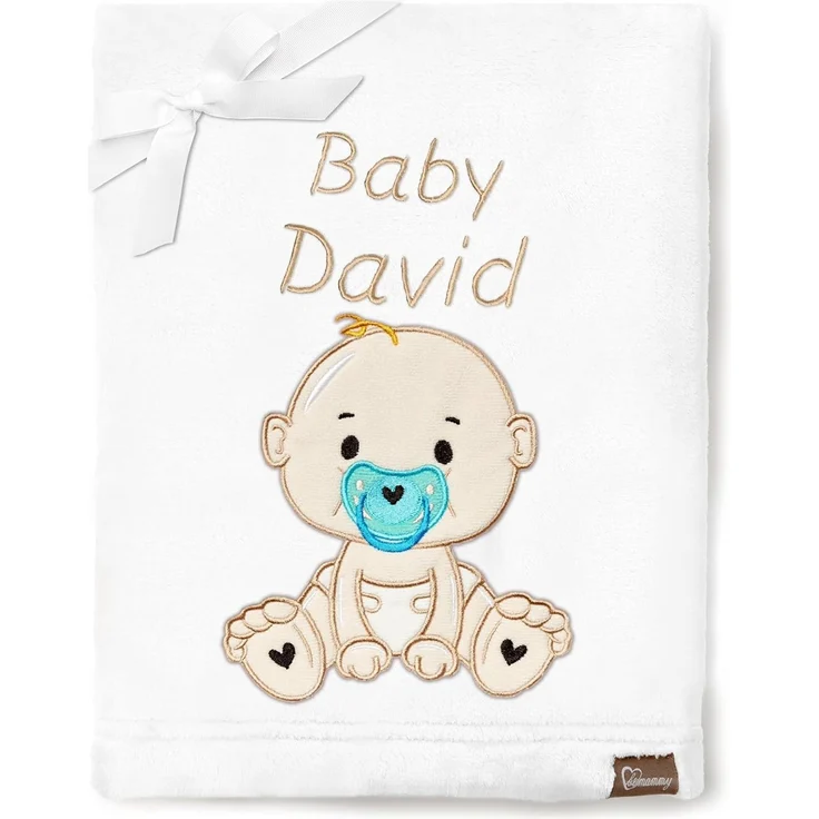 Be Mammy Personalisierte Babydecke mit 3D Applikation Warme Kuscheldecke mit Namen und Geburtsdatum; Perfektes Baby Geschenk; Blanket; Krabbeldecke BE20-280 (Weiß - Junge) – Bild 1