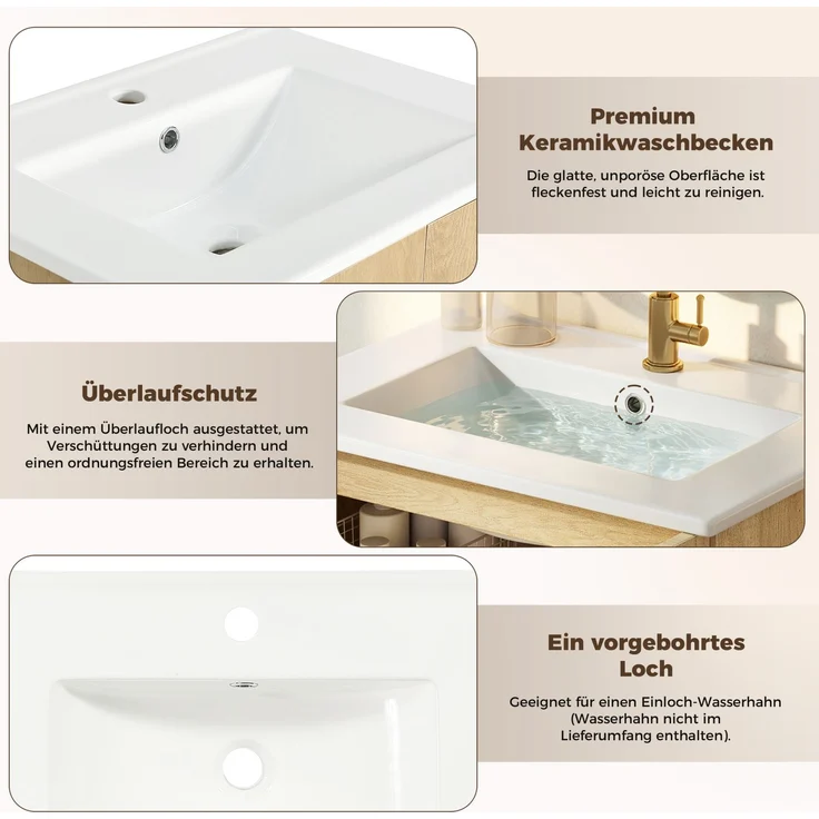 Waschtischunterschrank 61 x 47 x 89 cm mit Keramikwaschbecken, Rattantüren und Ablageböden – Bild 6