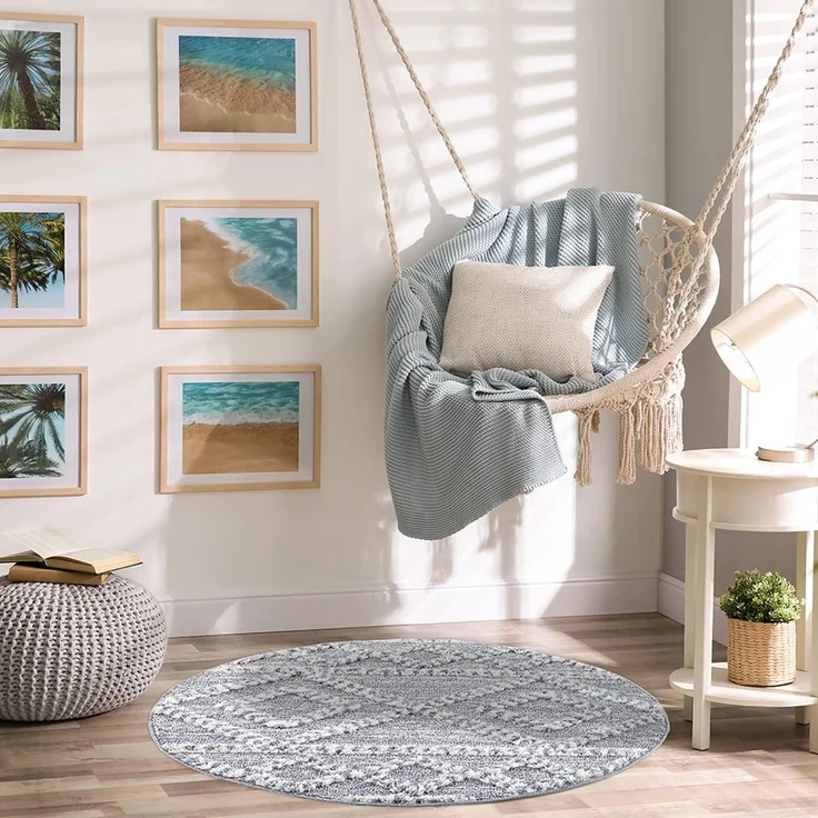 Teppich Rund - Hochflor - Boho - Pastellgrau Creme - 200x200cm - Modern Raute Muster - Skandinavisch Flauschig Weich - Wohnteppich Schlafzimmer Dekoration – Bild 2