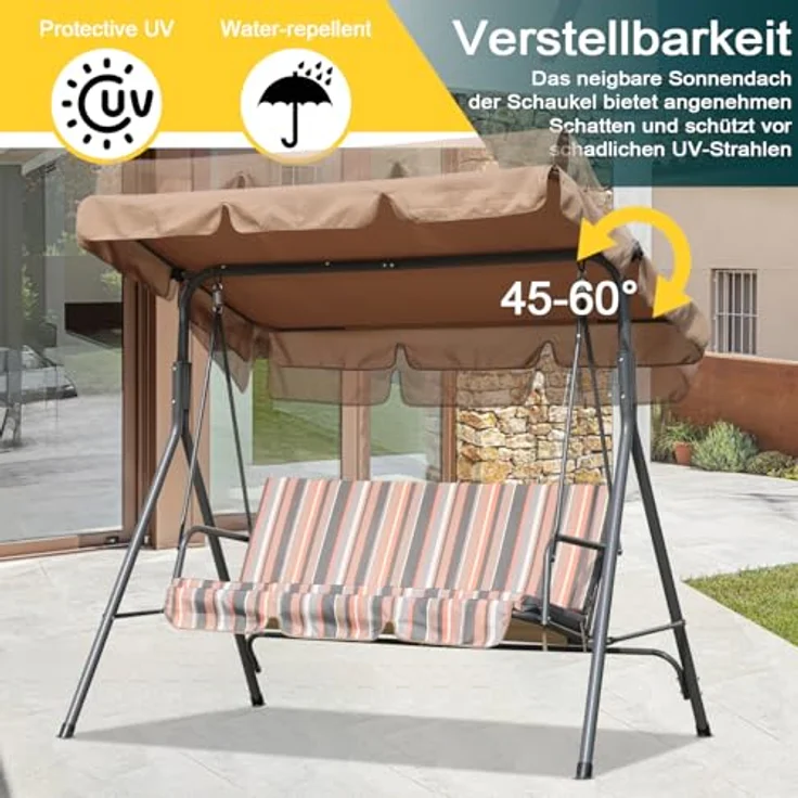 Angel Living Hollywoodschaukel Gartenschaukel 3 Sitzer, 3,00-Sitzer, Relaxfunktion, Verstellbarem Sonnendach und Abnehmbarem Kissen, 173cm x 110cm x 151cm – Bild 5