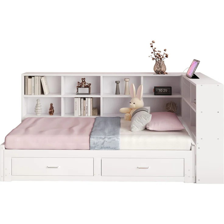 EINHOM Massivholzsofa 90 x 190 cm, mit Ausziehbarem Bett, mit Staufach, Schubladen, Lattenrost, Multifunktionales Einzelholzbett, Weiß (Ohne Matratze) – Bild 5