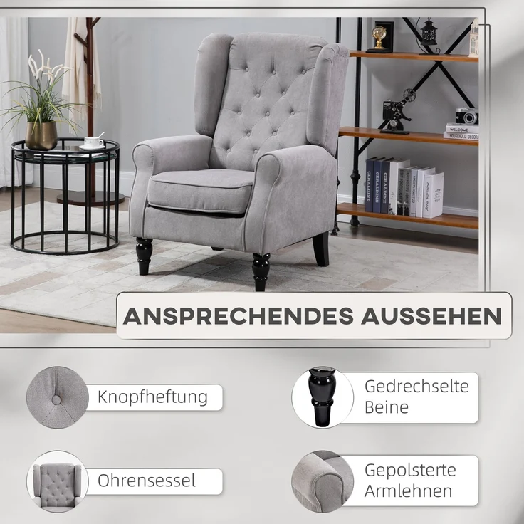 Wohnora-Sessel Ohrensessel mit Armlehnen, Loungesessel mit Kissen, Tufting, hoher Rückenlehne Armlehnensessel mit Holzbeine, Relaxsessel für Wohnzimmer, Schlafzimmer, Grau,H 102cm x T 74cm x B 86cm – Bild 5