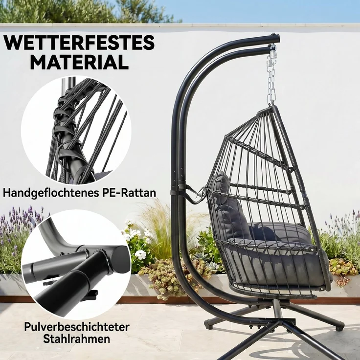 Hängestuhl, faltbarer Korbstuhl mit Kissen, Stahlrahmen, für drinnen und draußen, bis zu 260 kg belastbar, Dunkelgrau--Dunkelgrau--185x100x170cm--YOUDENOVA – Bild 7