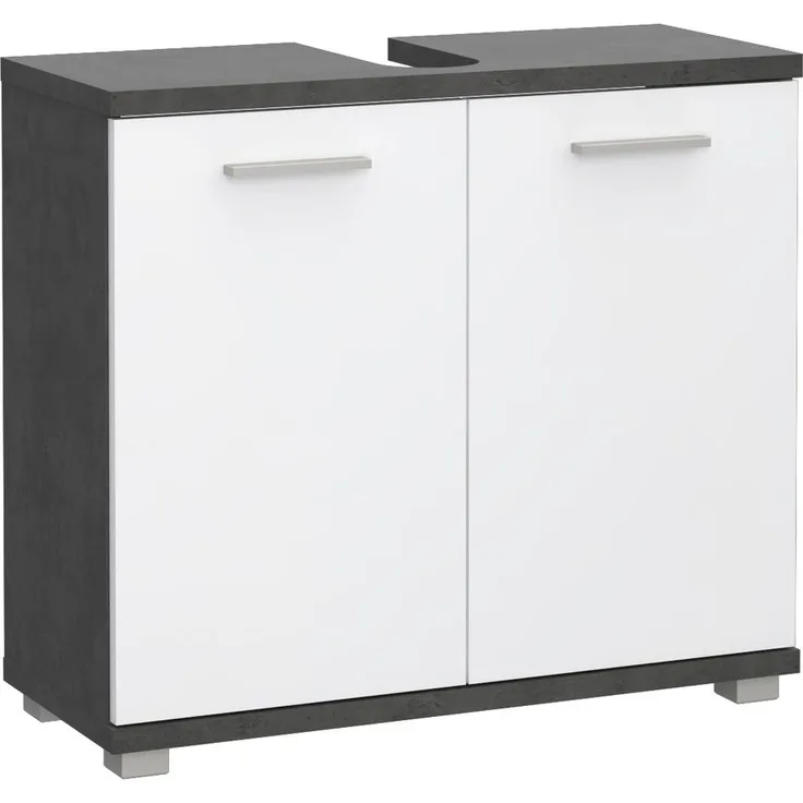 Waschbeckenunterschrank >CHAMP< 2 Türen, Betonoptik Dunkelgrau / Weiss Glanz - 69,9x62x28,9cm (B/H/T)