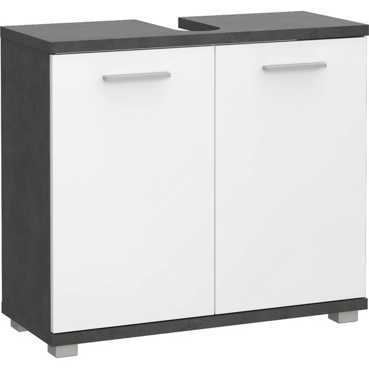 Waschbeckenunterschrank >CHAMP< 2 Türen, Betonoptik Dunkelgrau / Weiss Glanz - 69,9x62x28,9cm (B/H/T) – Bild 1