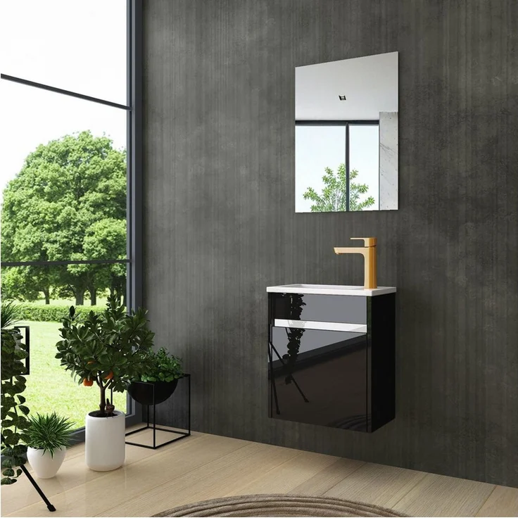 Homeline Badmöbel-Set Badmöbel set Schwarz weiß Hochglanz eiche, Badezimmer Möbel, (Badmöbel, Besteht aus drei Tagen Spiegel Keramik Becken und Unterschrank) – Bild 2