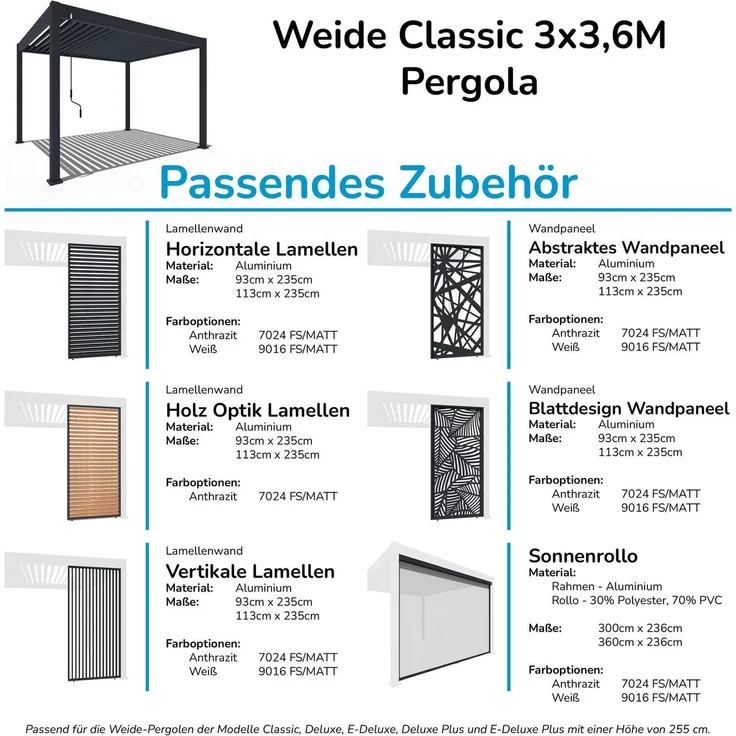Weide Classic | Pergola Aluminium freistehend | 3 x 3,6 M | Lamellendach anthrazit – Bild 9