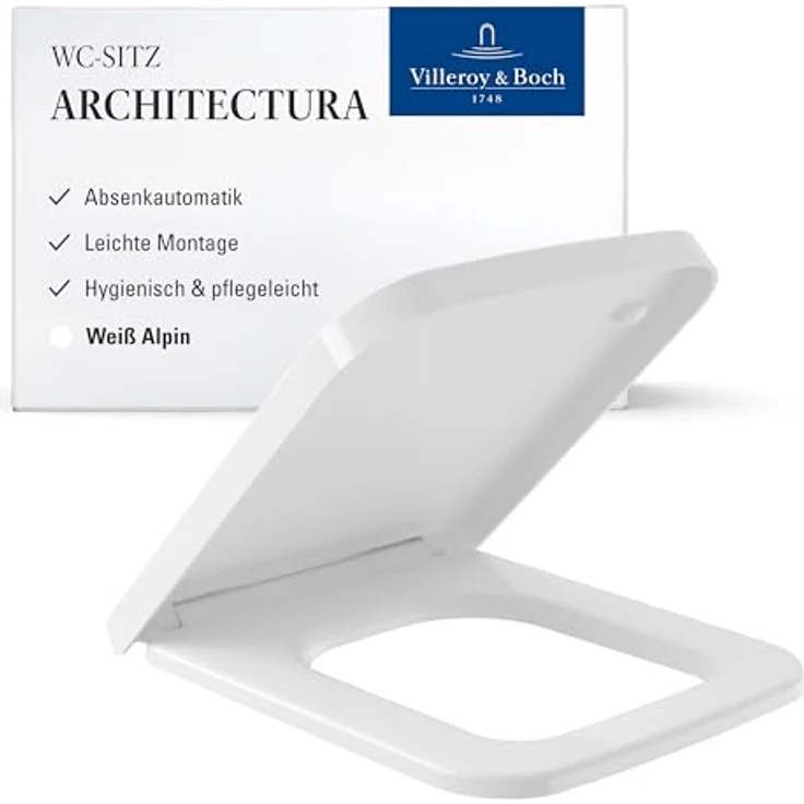 Villeroy & Boch Architectura WC-Sitz - Toilettendeckel mit Absenkautomatik - Abnehmbarer, bruchsicherer Toilettensitz aus Duroplast - Ersatzteil - Klodeckel in eckiger Form - Weiß Alpin, glänzend – Bild 2