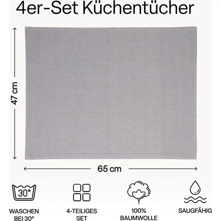 MiaMio Geschirrtuch Geschirrtücher Baumwolle 4er Set 65x47 cm Waffelstruktur Grau, (Set, 4-tlg), Waffelstruktur, 65 x 47 cm – Bild 3