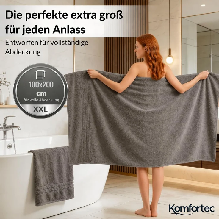 Komfortec Badetuch 100x200 cm aus 100% Baumwolle, Saunatuch XXL, Weich, Groß, Frottee, Schnelltrocknend, Anthrazit Grau – Bild 1
