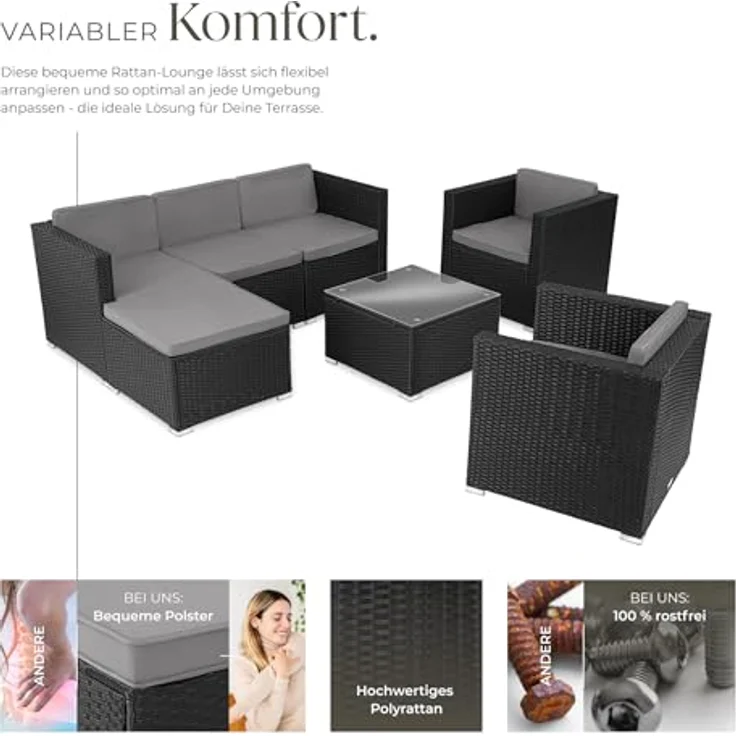 tectake® Poly Rattan Lounge, Outdoor Sitzgruppe, Set mit Sofa, 2 Sesseln, Hocker, Tisch, frei kombinierbar, Gartenmöbel für 5-6 Personen, für Garten Terrasse Balkon, inkl. Polster - schwarz – Bild 4