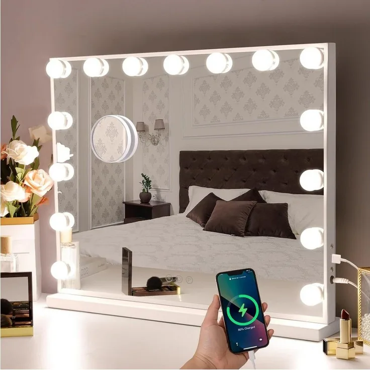 LETGOSPT Schminkspiegel Bluetooth Hollywood Spiegel, Schminkspiegel mit Beleuchtung und USB (3-farbig einstellbares Licht mit Memory-Funktion, 1-St, Mit Musiklautsprecher, Touchscreen), Schminkspiegel mit 15/18 LED-Leuchten, stufenlos dimmbar