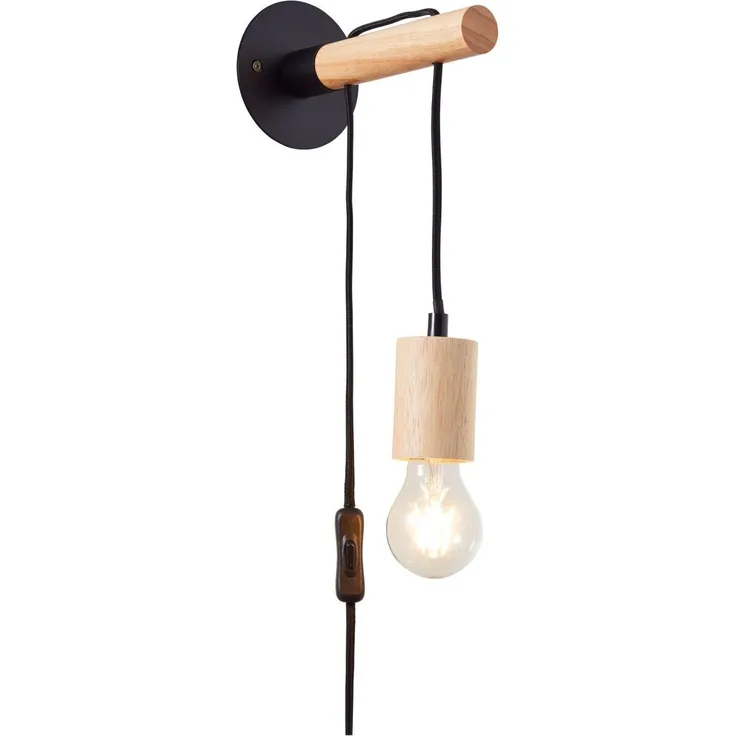 BRILLIANT Lampe Jenji Wandleuchte Zuleitung holz hell/schwarz | 1x A60, E27, 12. 5W, geeignet für Normallampen (nicht enthalten) | Mit Zuleitung und Schnurzwischenschalter