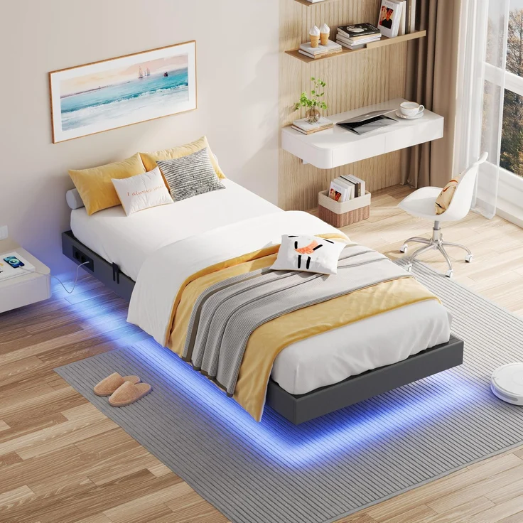 IRONCK Bett 90x200 mit LED Beleuchtung und Ladestation, Bettgestell 90x200 cm mit Stauraum, Floating Bed Frame, Bettrahmen 90x200 cm, Jugendbett, Metallbett mit Lattenrost Einzelbett, Grau