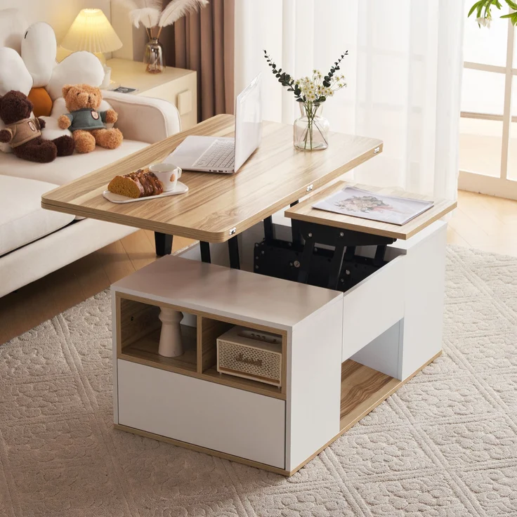 Höhenverstellbarer Couchtisch, Weiß & Holz, 100x51x47 cm, mit 2 Schubladen – Bild 3