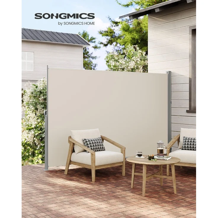 Songmics Seitenmarkise mit Stahl-Kasten, rostbeständig, ausziehbar, 200x350 cm, Sichtschutz, Sonnenschutz, Blickdicht, Seitenrollo, für Balkon, Terrasse, Garten, beige GSA205E02 – Bild 3