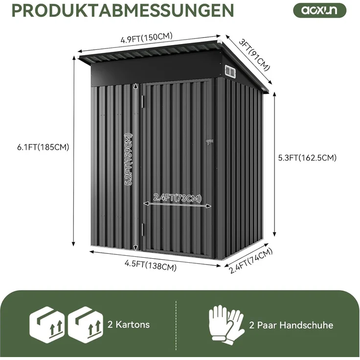 Aoxun Metall Gerätehaus mit Boden & 2 verstellbaren Einlegeböden, 150x91 x 185 cm, Outdoor-Schuppen, mit Lüftungsschlitz und Schiebetür, Werkzeugaufbewahrung, Fahrradschuppen, für Terrasse, Rasen, Schwarz – Bild 2