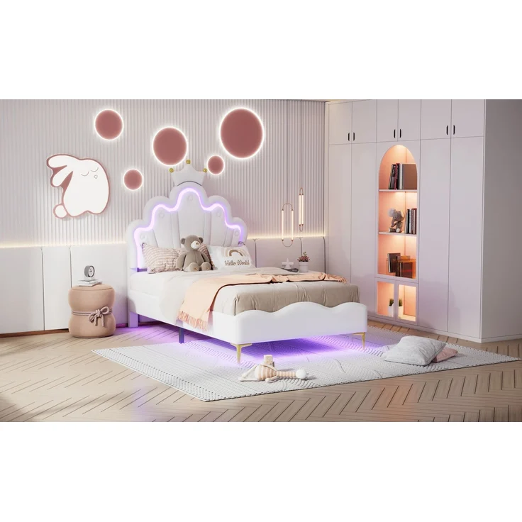 Merax Einzelbett, Polsterbett 90*200cm, Kinderbett kronenförmiges Prinzessinnenbett, weiche Polsterung aus PU-Leder, verstellbarer LED-Umgebungslichtstreifen, weiß – Bild 7
