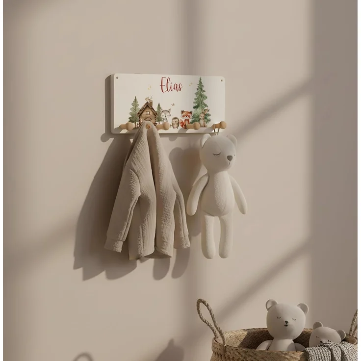 Kidsmood Kindergarderobe Personalisiert mit Namen, Kinderzimmer Möbel aus robustem Holz, Garderobenleiste Kinder, Baby Garderobe für Babyzimmer mit 4 Kleiderhaken Wand-Montage [40 x 20 x 1,5 cm] – Bild 6