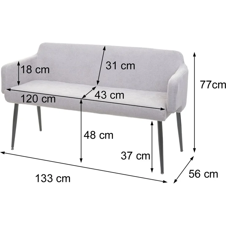 Sitzbank HWC-L13, Esszimmerbank Bank Polsterbank Garderobenbank Rückenlehne Armlehne Stoff/Textil 133cm ~ anthrazit – Bild 3