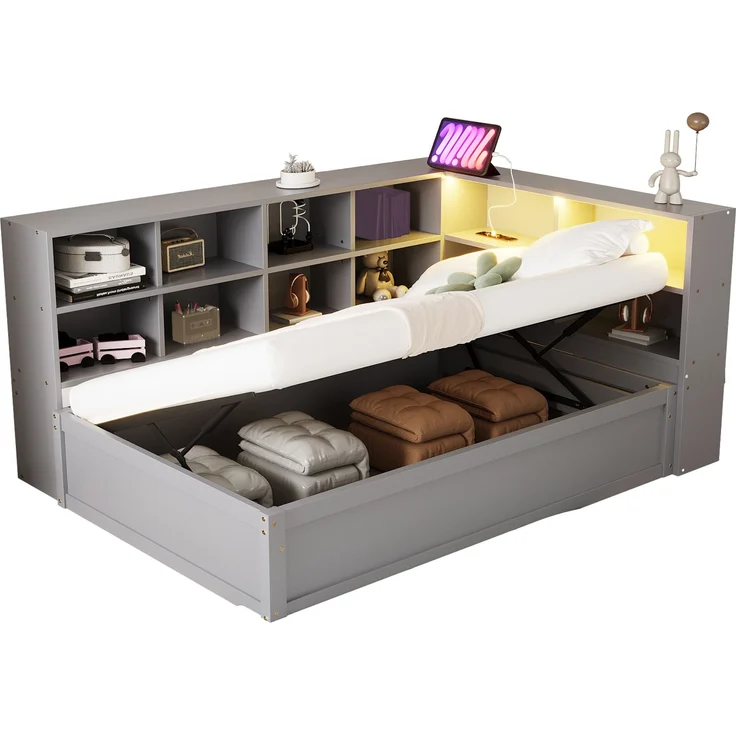Bett 90x200 cm aus Massivholz mit Stauraum und LED-Beleuchtung – Bild 8
