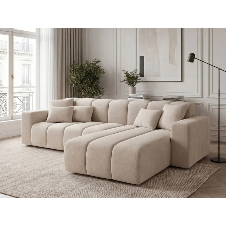 GRAINGOLD Ecksofa L-Form Nork, Wohnzimmer Ecksofa, Couch L-Form, Velour-Stoff, Beige, Rechts – Bild 3