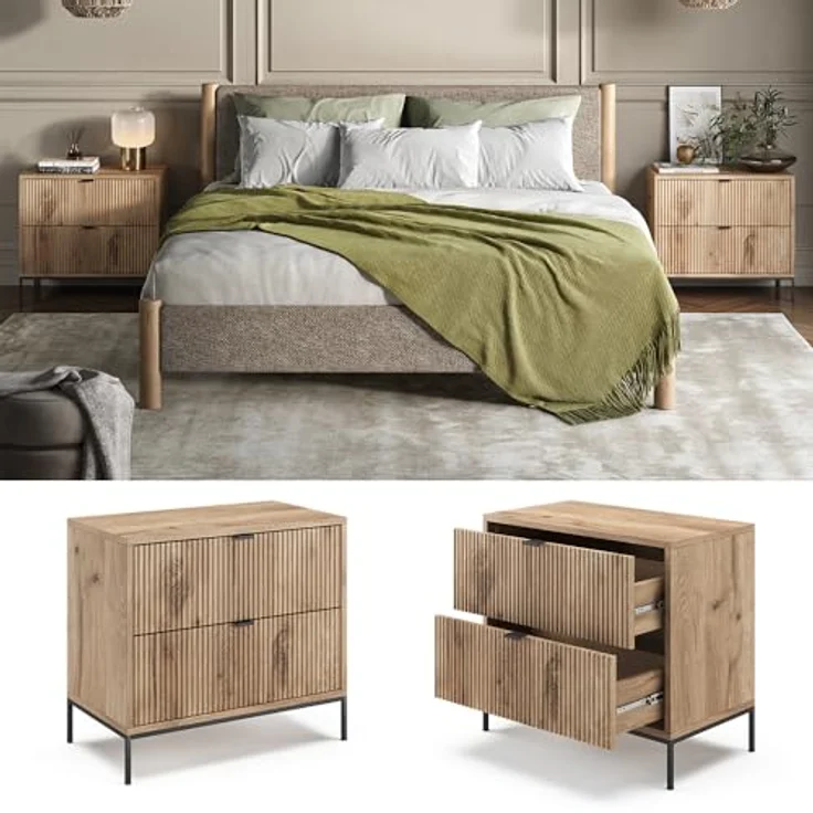 Vicco Eliza Nachttische, Eiche Wotan, Rechteckig, 2er Set, mit praktischen Schubladen, 66x60x36 cm, Holzwerkstoff – Bild 4