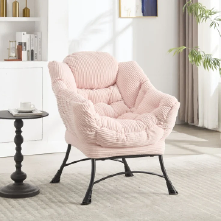 Flieks Loungesessel mit Hocker, ergonomischer Ohrensessel mit Stahlrahmen, weicher Cordstoff, Seitentasche, Rosa – Bild 3