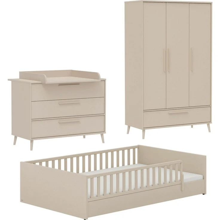 PAIDI Babymöbel-Set LITTLE FLO, 4-teiliges Kinderzimmer in Beige, hochwertiges Komplettset, (Spar-Set, 4-tlg, 120x200cm Bodenbett, Kleiderschrank 3-türig, Wickelkommode & Aufsatz), Jugendzimmer, Soft-Close, mitwachsendes Bett - 3-fach umbaubar – Bild 1