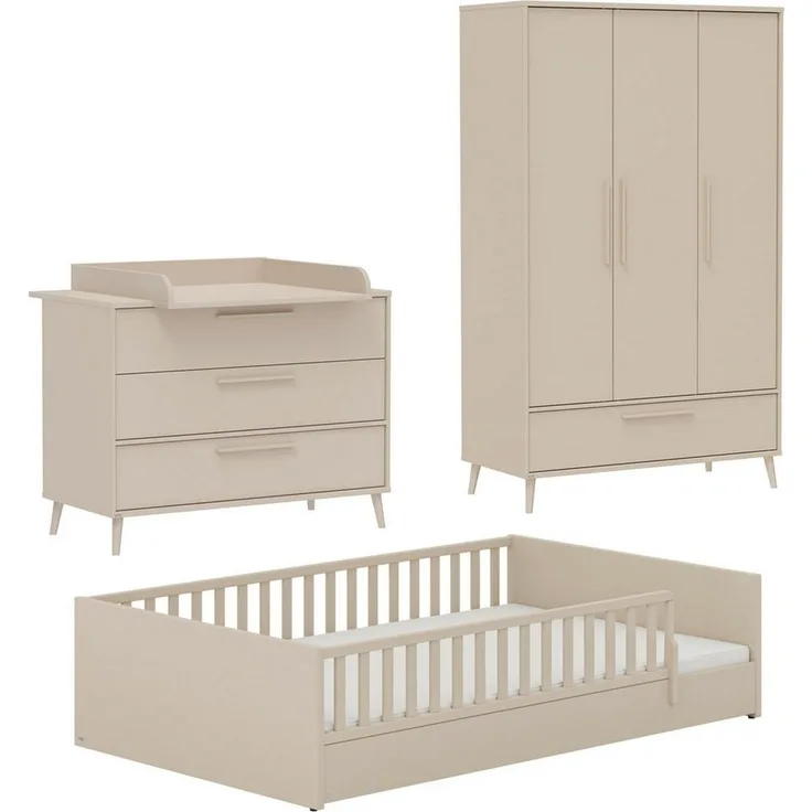 PAIDI Babymöbel-Set LITTLE FLO, 4-teiliges Kinderzimmer in Beige, hochwertiges Komplettset, (Spar-Set, 4-tlg, 120x200cm Bodenbett, Kleiderschrank 3-türig, Wickelkommode & Aufsatz), Jugendzimmer, Soft-Close, mitwachsendes Bett - 3-fach umbaubar
