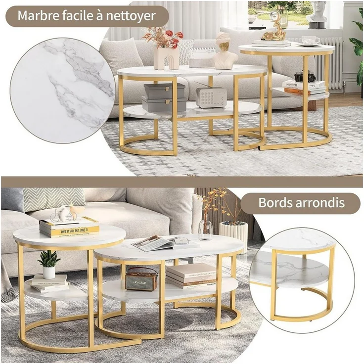 Simurq Couchtisch 2‑er Set ovale Satztische, Marmor‑Optik mit Stauraum – Bild 3