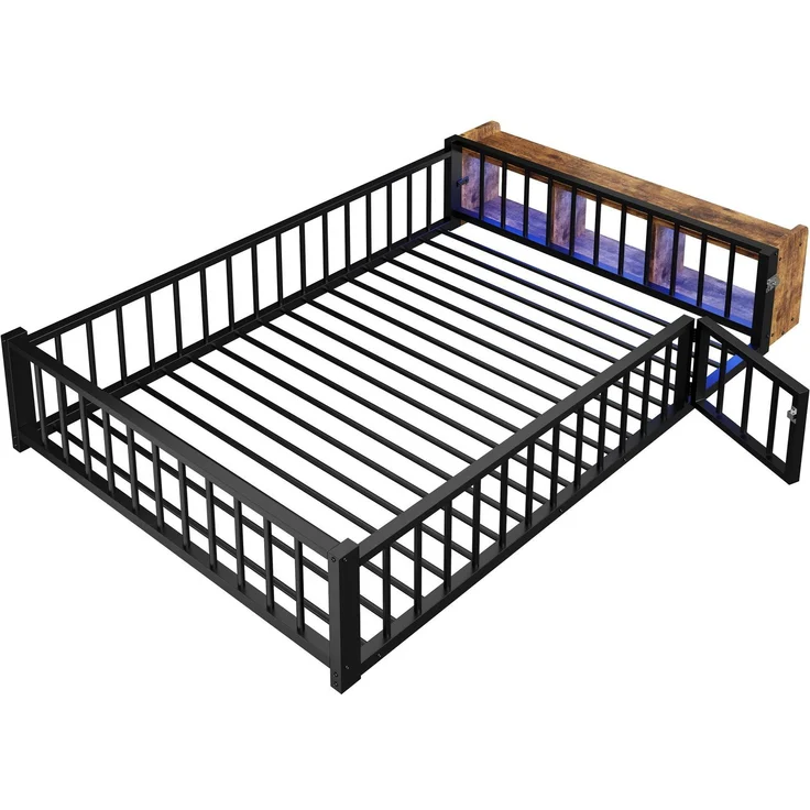 Kinderbett mit LED-Streifen, Regal, Zaun, Lattenrost und Tür, 140x200 cm, Einzelbett mit Rausfallschutz, Metallbett – Bild 8