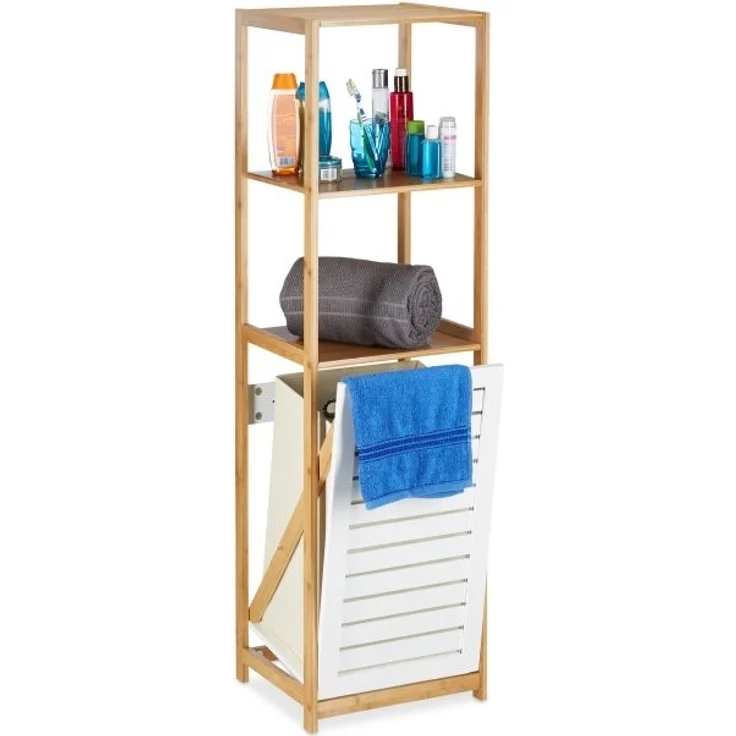 Relaxdays Badregal mit Wäschekorb, Bambus natur, 37 x 33 x 130 cm – Bild 1