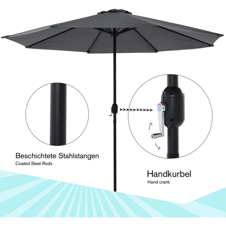 Strandschirm Sonnenschirm Grau Marktschirm Ø3m Beleuchtung Gartenschirm Ampelschirm Sonnenschutz Aufklappbar Kurbelschirm Balkonschirm UV-Schutz – Bild 3